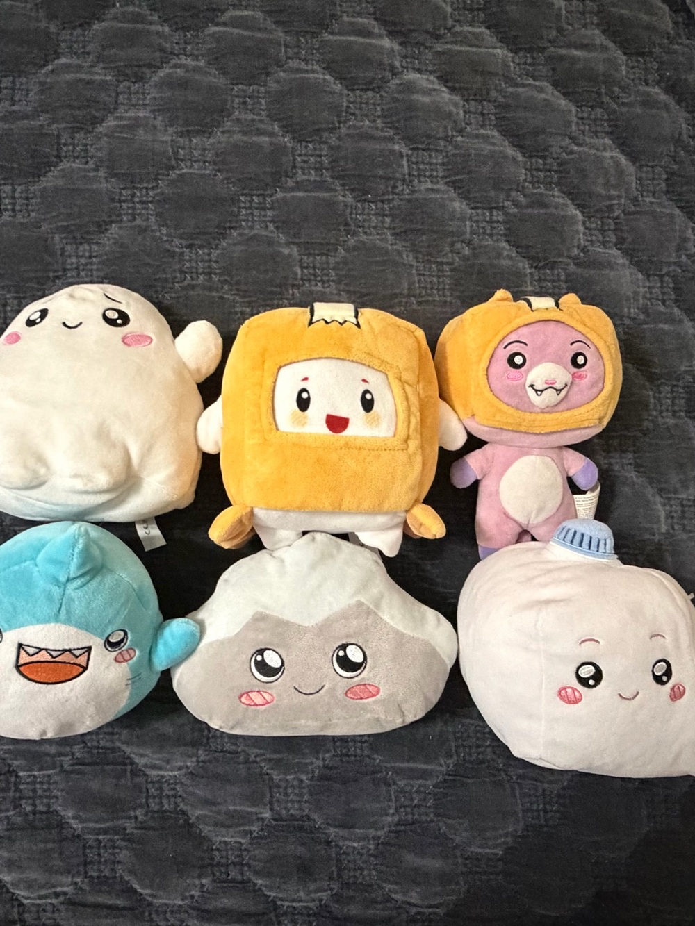 Lanky box plushies including Ghosty, boxy, foxy, thicc shark, rocky, milky